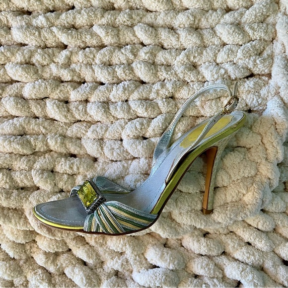 Rene Caovilla Bejeweled Rhinestone Buckle Metallic Leather Snakeskin Heel Sandal - Picture 7 of 11